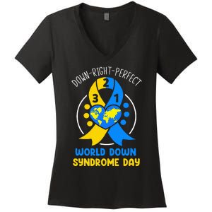 World Down Syndrome Day Awareness 321 T21 Down Right Perfect Women's V-Neck T-Shirt