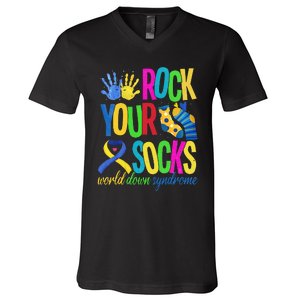 World Down Syndrome Day Quote Rock Your Socks Cool Awareness V-Neck T-Shirt