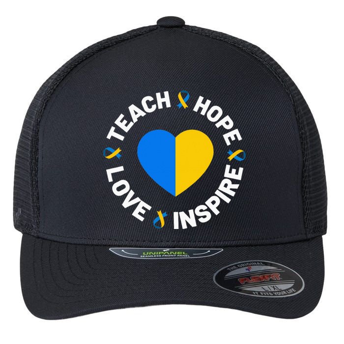 World Down Syndrome Day Awareness Ribbon Teach Hope Love T21 Flexfit Unipanel Trucker Cap