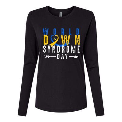 World Down Syndrome Day Ribbon Blue And Yellow Heart Hands Womens Cotton Relaxed Long Sleeve T-Shirt