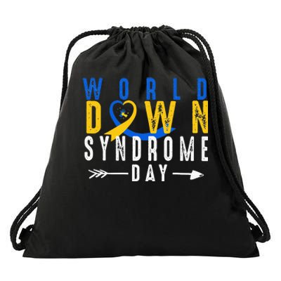 World Down Syndrome Day Ribbon Blue And Yellow Heart Hands Drawstring Bag