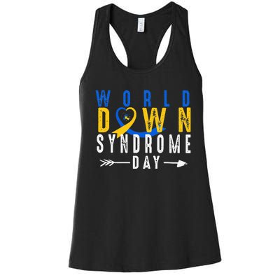 World Down Syndrome Day Ribbon Blue And Yellow Heart Hands Women's Racerback Tank