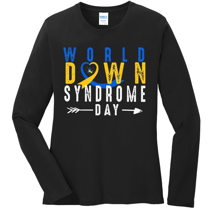 World Down Syndrome Day Ribbon Blue And Yellow Heart Hands Ladies Long Sleeve Shirt