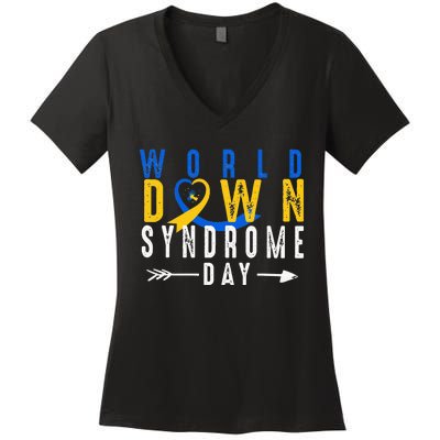 World Down Syndrome Day Ribbon Blue And Yellow Heart Hands Women's V-Neck T-Shirt