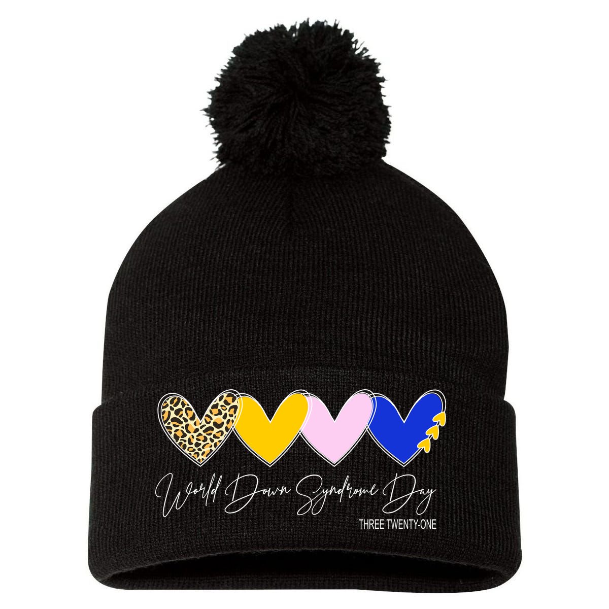 World Down Syndrome Day March 21st Awareness Heart Pom Pom 12in Knit Beanie