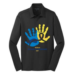 World Down Syndrome Day Handprint Awareness Silk Touch Performance Long Sleeve Polo