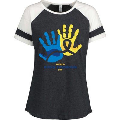 World Down Syndrome Day Handprint Awareness Enza Ladies Jersey Colorblock Tee