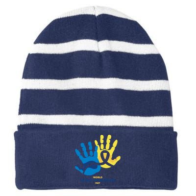 World Down Syndrome Day Handprint Awareness Striped Beanie with Solid Band