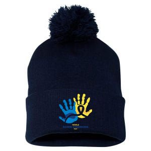 World Down Syndrome Day Handprint Awareness Pom Pom 12in Knit Beanie