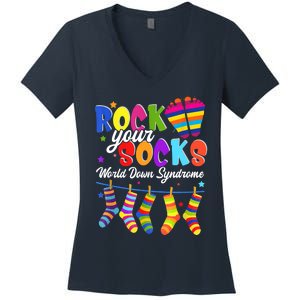 World Down Syndrome Day Rock Your Socks Awareness Women's V-Neck T-Shirt