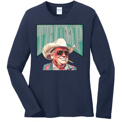 Western Donald Trump Cowboy Maga Ladies Long Sleeve Shirt