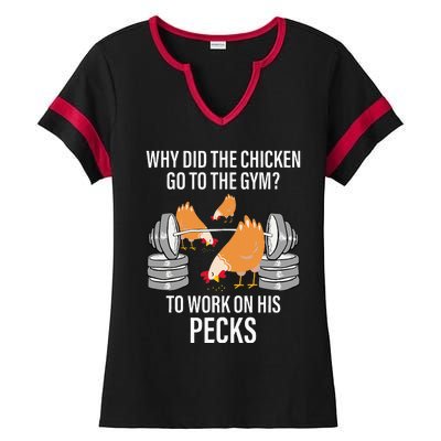 Why Did The Chicken Go To The Gym Funny Animal Ladies Halftime Notch Neck Tee