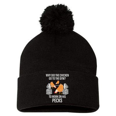 Why Did The Chicken Go To The Gym Funny Animal Pom Pom 12in Knit Beanie