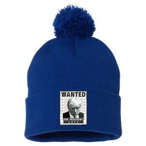 Wanted Donald Trump For President 2024 Trump Mug Shot Pom Pom 12in Knit Beanie