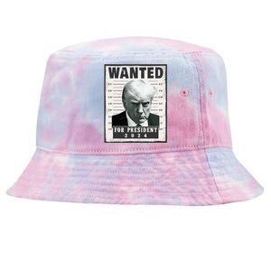 Wanted Donald Trump For President 2024 Trump Mug Shot Tie-Dyed Bucket Hat