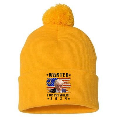 Wanted Donald Trump For President 2024 Trump Mug Shot Flag Pom Pom 12in Knit Beanie