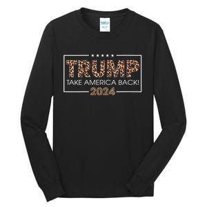 Womens Donald Trump 2024 Take America Back Leopard Print Gift Women Tall Long Sleeve T-Shirt