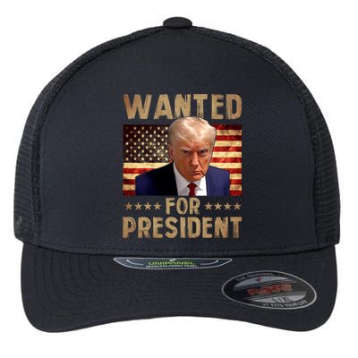 Wanted Donald Trump For President 2024 Trump Mug Shot Flexfit Unipanel Trucker Cap