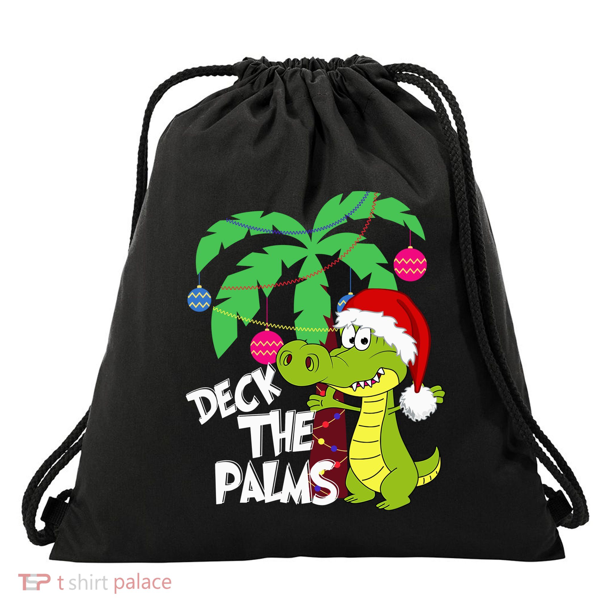 Wo Deck The Palms Florida Christmas Palm Tree Lights Gator Drawstring Bag