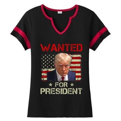 Wanted Donald Trump For President 2024 USA Flag Ladies Halftime Notch Neck Tee