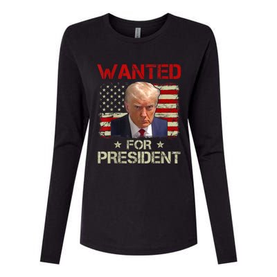 Wanted Donald Trump For President 2024 USA Flag Womens Cotton Relaxed Long Sleeve T-Shirt