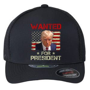 Wanted Donald Trump For President 2024 USA Flag Flexfit Unipanel Trucker Cap