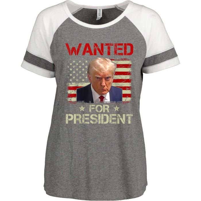 Wanted Donald Trump For President 2024 USA Flag Enza Ladies Jersey Colorblock Tee