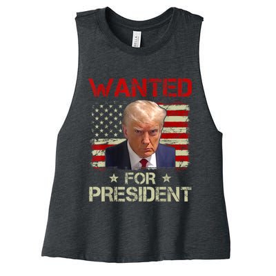 Wanted Donald Trump For President 2024 USA Flag Women's Racerback Cropped Tank