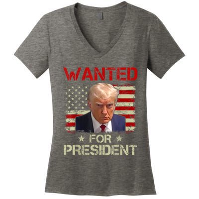 Wanted Donald Trump For President 2024 USA Flag Women's V-Neck T-Shirt