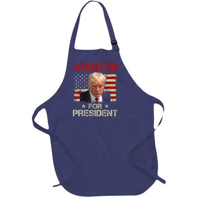 Wanted Donald Trump For President 2024 USA Flag Full-Length Apron With Pockets