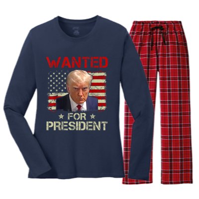 Wanted Donald Trump For President 2024 USA Flag Women's Long Sleeve Flannel Pajama Set 