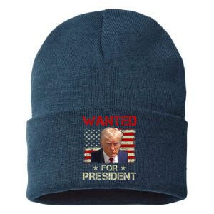 Wanted Donald Trump For President 2024 USA Flag Sustainable Knit Beanie