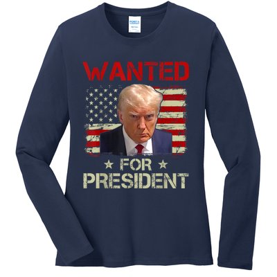 Wanted Donald Trump For President 2024 USA Flag Ladies Long Sleeve Shirt