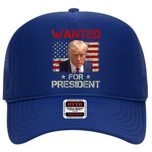 Wanted Donald Trump For President 2024 USA Flag High Crown Mesh Back Trucker Hat