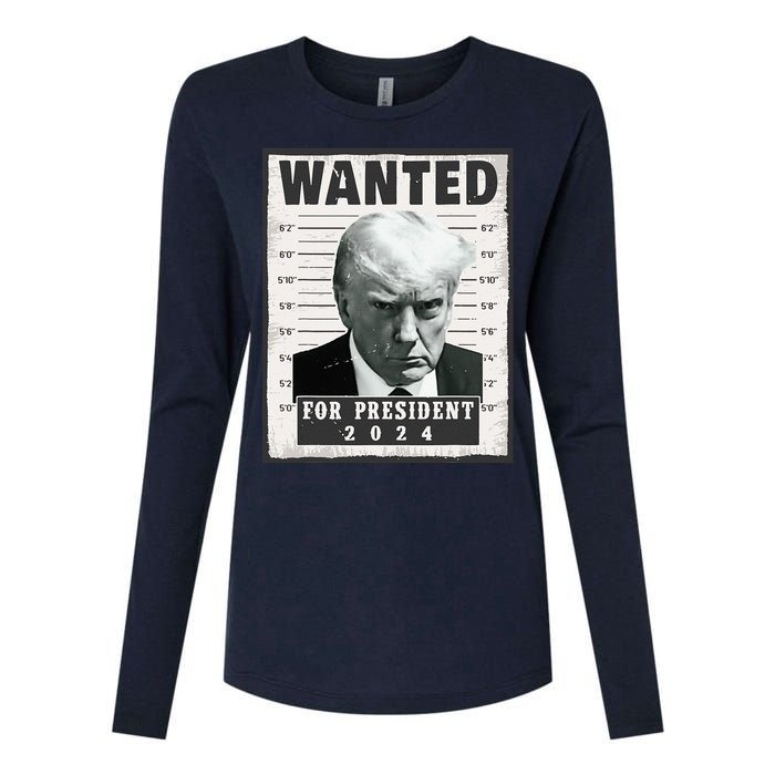 Wanted Donald Trump For President 2024 Trump Mug Shot Womens Cotton Relaxed Long Sleeve T-Shirt