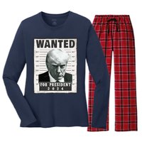 Wanted Donald Trump For President 2024 Trump Mug Shot Women's Long Sleeve Flannel Pajama Set 