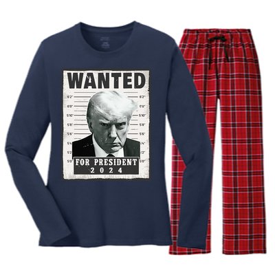 Wanted Donald Trump For President 2024 Trump Mug Shot Women's Long Sleeve Flannel Pajama Set 