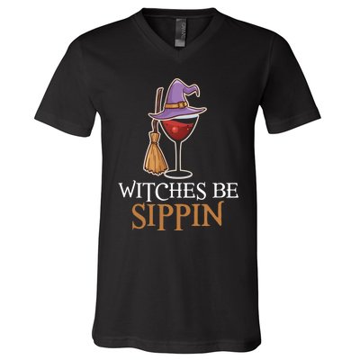 Wine Drinking Team Wo Halloween Witches Be Sippin V-Neck T-Shirt