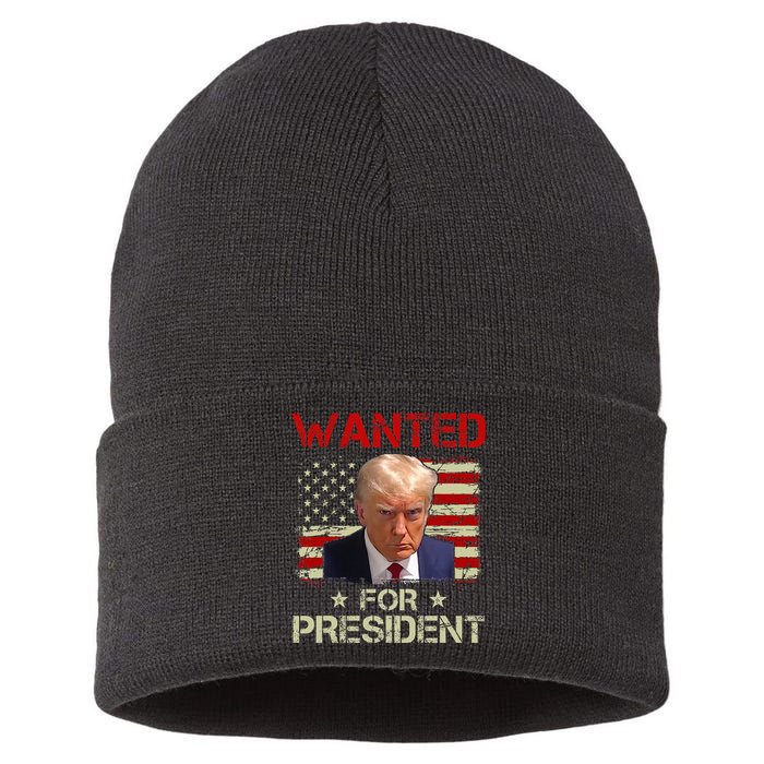 Wanted Donald Trump For President 2024 USA Flag Vintage Sustainable Knit Beanie