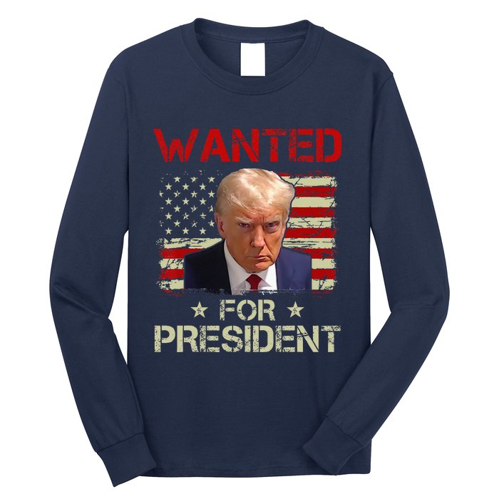 Wanted Donald Trump For President 2024 USA Flag Vintage Long Sleeve Shirt