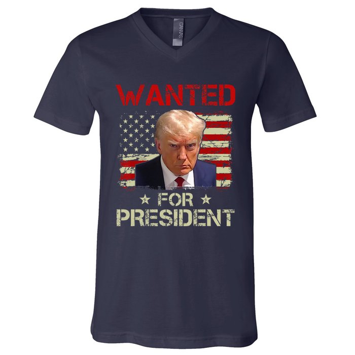 Wanted Donald Trump For President 2024 USA Flag Vintage V-Neck T-Shirt