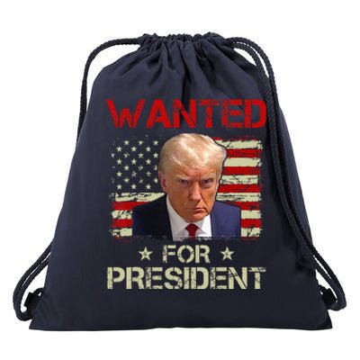 Wanted Donald Trump For President 2024 USA Flag Vintage Drawstring Bag