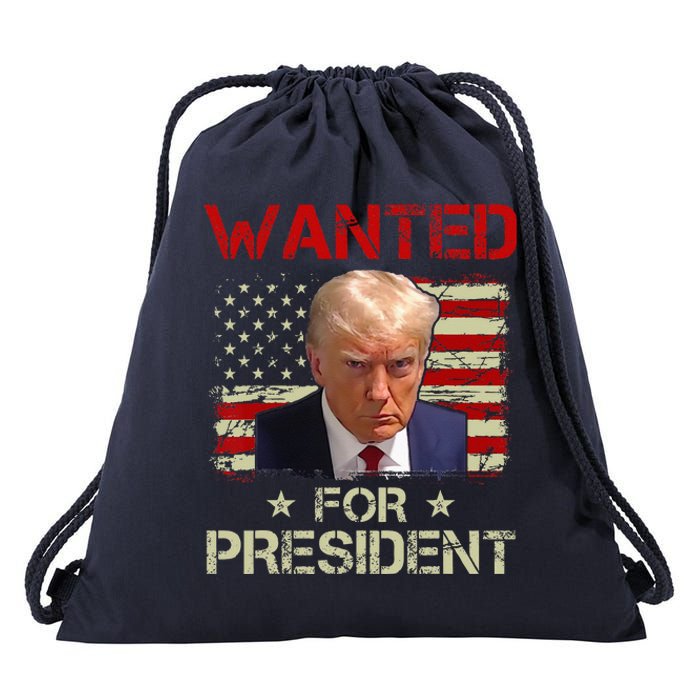 Wanted Donald Trump For President 2024 USA Flag Vintage Drawstring Bag