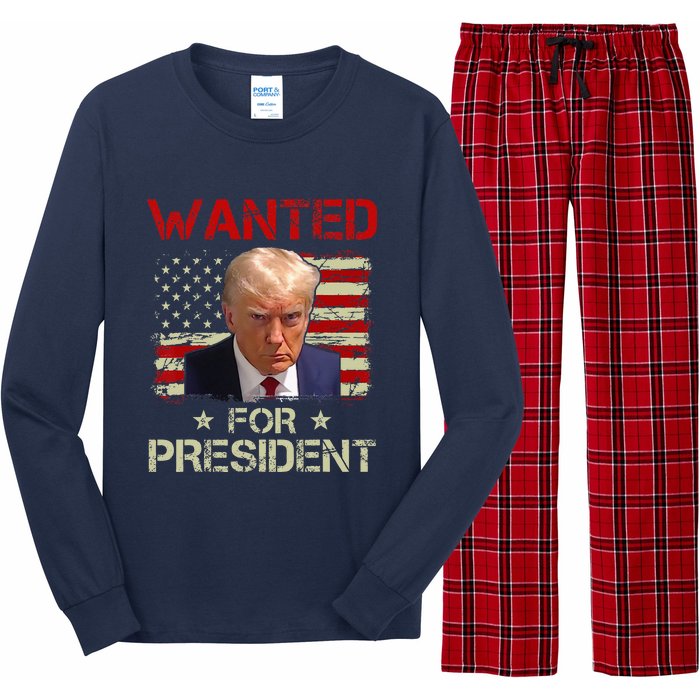 Wanted Donald Trump For President 2024 USA Flag Vintage Long Sleeve Pajama Set