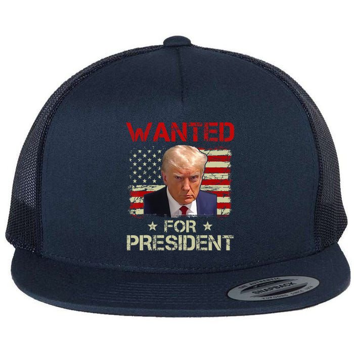 Wanted Donald Trump For President 2024 USA Flag Vintage Flat Bill Trucker Hat