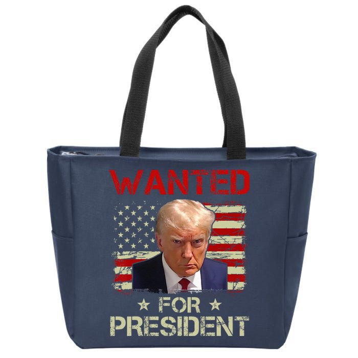 Wanted Donald Trump For President 2024 USA Flag Vintage Zip Tote Bag