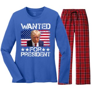 Wanted Donald Trump For President 2024 Women's Long Sleeve Flannel Pajama Set 