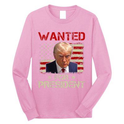 Wanted Donald Trump For President 2024 USA Flag Vintage Long Sleeve Shirt