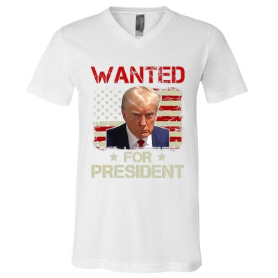 Wanted Donald Trump For President 2024 USA Flag Vintage V-Neck T-Shirt