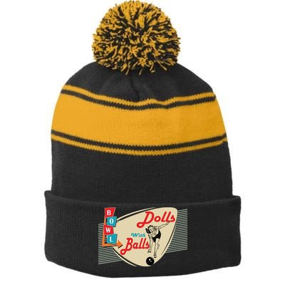 Womens Dolls With Balls Vintage Retro Matching Bowling Team Stripe Pom Pom Beanie